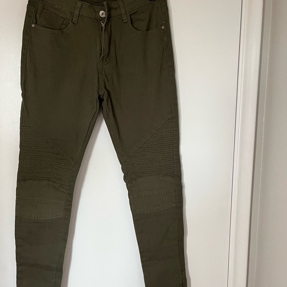 Olive Green Moto Skinny Jeans - Picture 1 of 7